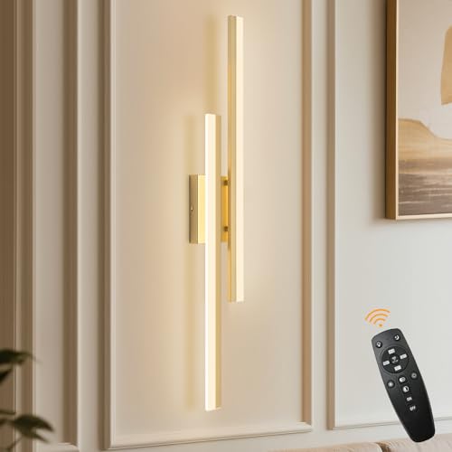 Image of LED Wall Sconce Gold Modern Remote Wall Light Fixtures for Living Room, Dimmable LED Vanity Light Indoor Remote Wall Sconce for Bedside Bedroom Bathroom Dining Room, L31.5inch 1 Pack