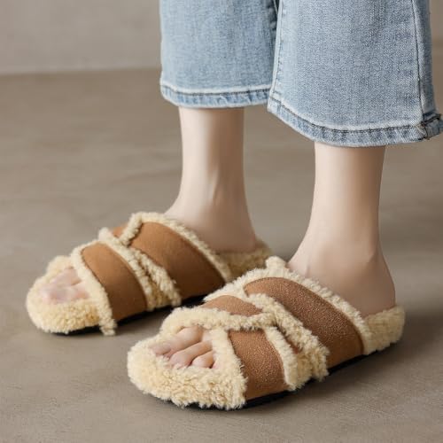 Women's Fur Faux Slippers Womens Open Toe Slipper Fuzzy Slides Women Platform Fluffy Slippers Indoor House Shoes3