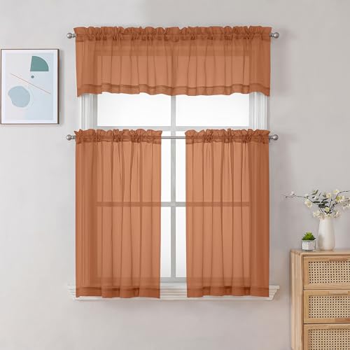 Image of Chyhomenyc Sheer Valances for Windows 2 Pack, Small Window Curtains for Living Room Bathroom Cafe Laundry Basement, Modern Top Dual Rod Pocket Voile Curtain, 42W x 18L inches, Orange