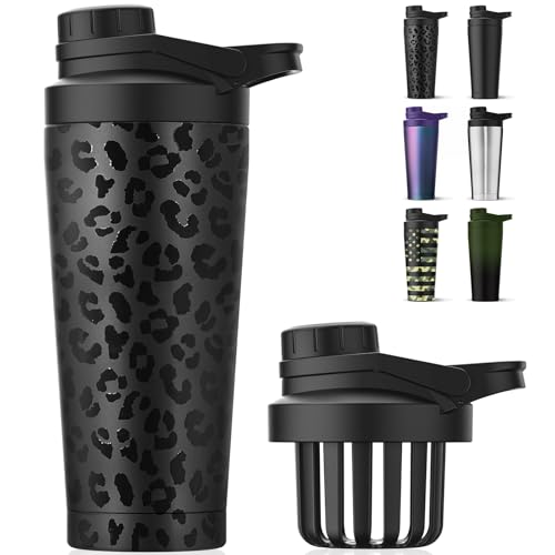 Greatyos Borraccia shaker in acciaio inox con design silenzioso, capacità 680,4 g, per miscele di proteine e pre allenamento, 100% a prova di perdite (leopardo nero)
