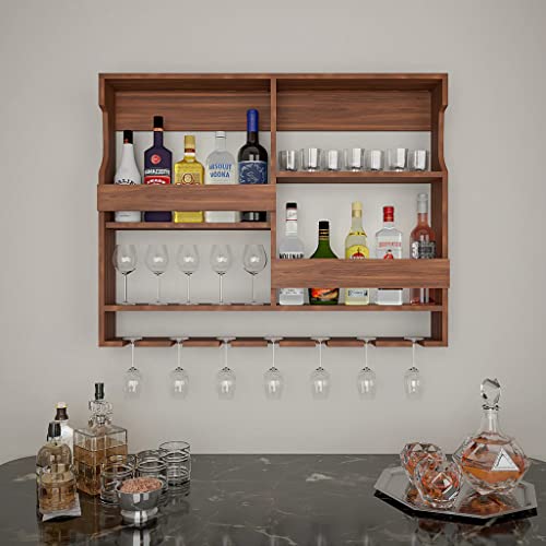 Genuine Decor Sheesham Wood Wall Mounted Wine Rack & Bar Cabinet with Stem Glass Holder | Wooden Liquor Storage & Whiskey Bottle Display | Home Bar Furniture for Living Room (30x24 Inch, Brown)