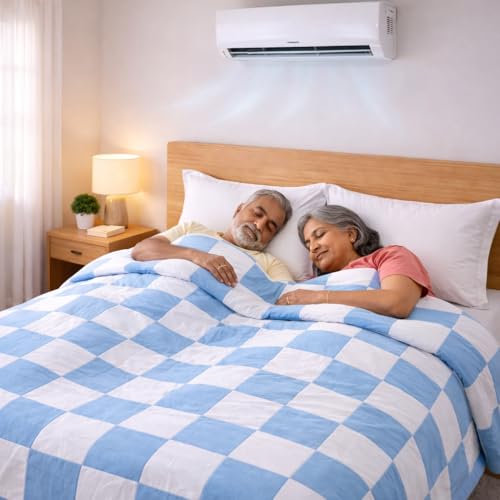 Image of Double Bed Dohar Blue & White Checkered | Lightweight Summer Quilt | Pure Cotton AC Blanket | Breathable All Season Comforter | Skin Friendly Bed Cover