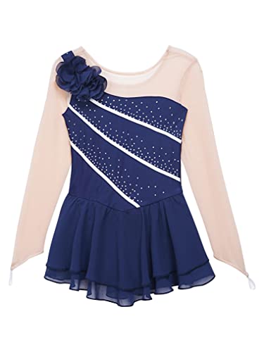 Freebily Kids Girls Figure Ice Skating Dress Mesh Long Sleeve Sparkly Flower Tulle Dance Dress Roller Skating Costume Blue 12 Years #TOP3