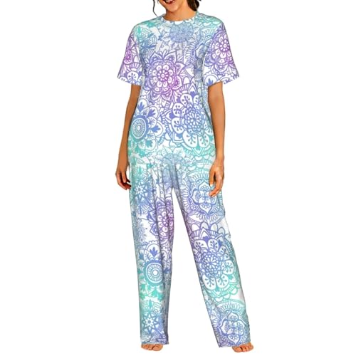 YGHAKZA Pastel Ombre Boho Mandala Pattern Pajama Set Women Short