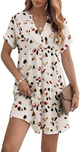 KISSMODA Womens Casual Dress Plunge V Neck Short Sleeve Pullover Flowy Empire Waist Shirt Dresses Summer Fashion Elegant Pleated Front Vacation Beach Tunic Dress