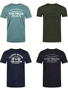 TOM TAILOR Tshirt Herren Baumwolle Regular Fit 4er Pack Set Rundhals Kurzarm Sommer Tee Shirt Logoprint 100% Baumwolle, Größe:XL, Farbe:Woodland Green (10373)