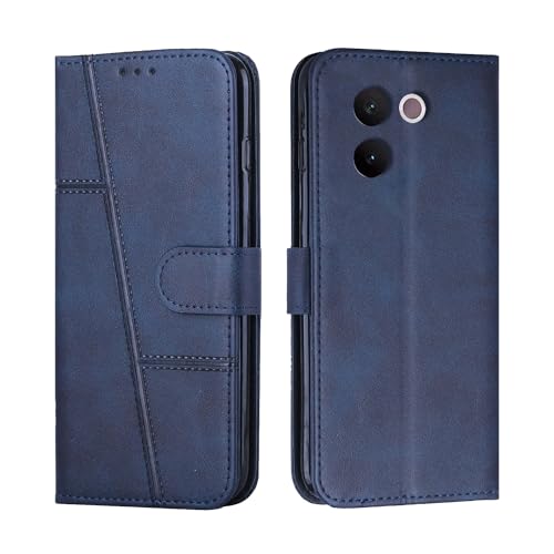 Image of for Vivo V30e 5G Flip Cover Leather Finish | Inside TPU with Card Pockets | Wallet Stand | Complete Protection Flip Case Blue