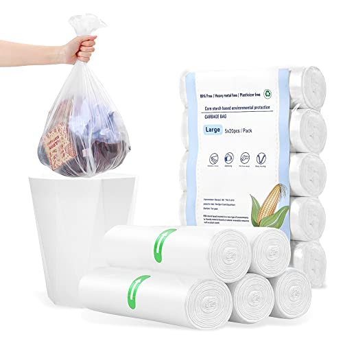 TIYOLAT Sacos de lixo recicláveis, biodegradáveis, para sala de estar, cozinha, casa de banho, quarto, 50 x 60 cm, 5 rolos, 100 unidades (20 l), branco