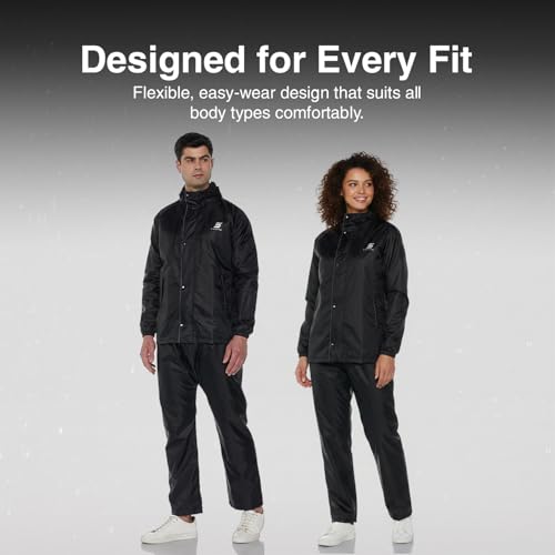 Image of Amazon Brand - Symactive Raincoat with Jacket, Pants, Hood and Carry Bag | Polyester Shell with Heat Sealed PVC Lining | Inner Mobile Pocket | Plastic Peak Hood | Unisex, Black, S