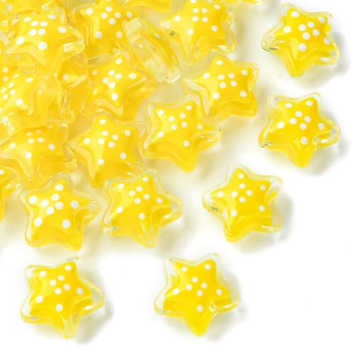 LiQunSweet 33 Pcs Glass Beads Polka Dot Pattern 13mm Yellow Star Beads Spacer Bulk for Jewelry Making DIY Craft