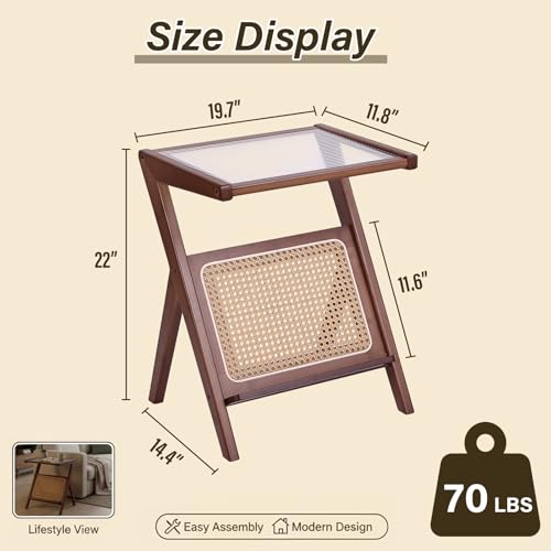 Tiita Table d'appoint en rotin, table de nuit du milieu du siècle, tables de chevet en bambou, tables basses en verre, table d'appoint en bois bohème avec rangement pour petit espace, salon et chambre – vue 3