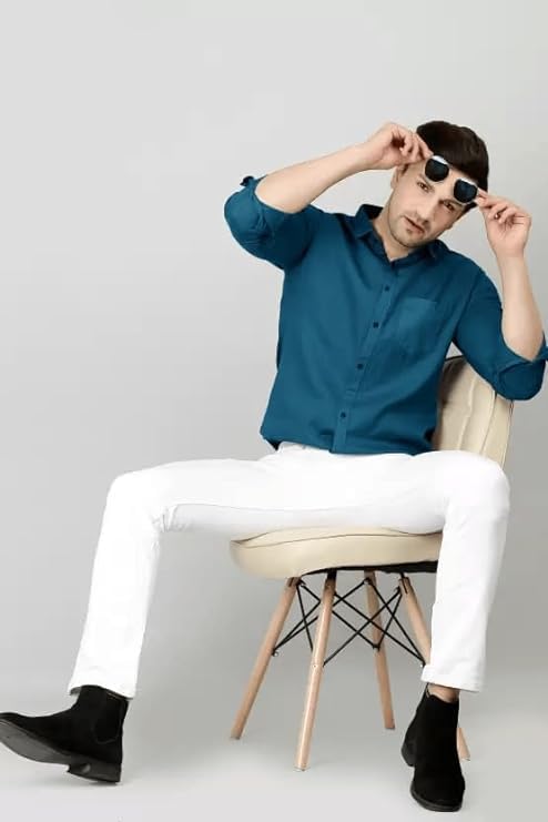 Image of Men's Slim Fit Cotton Casual Shirt with Full Sleeves and Spread Collar