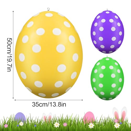 HCQC Aufblasbare Ostereier XXL (50 cm) zum Aufhängen - Outdoor Osterdeko für Garten, Terrasse & Party - Wetterfeste Ostereier Deko aus Plastik (Gelb, Grün, Lila)