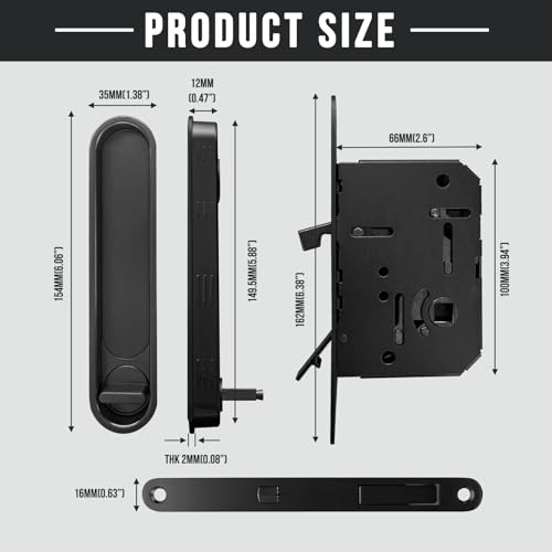 Fihatokus 6" Black Pocket Door Lock with Edge Pull - Keyless Privacy Lock, Flush Mount Recessed Handles, Hidden Screw Design for Bedroom Bathroom Office, Fits 1-3/8" to 1-3/4" Wood Doors by Fihatokus - Image 2