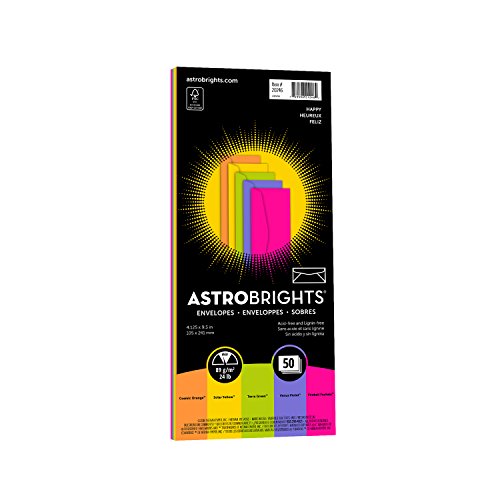 Astrobrights Color #10 Envelopes, 4.125” x 9.5”, 24 lb/89 GSM, “Happy” 5-Color Assortment, 50 Envelopes (20246)