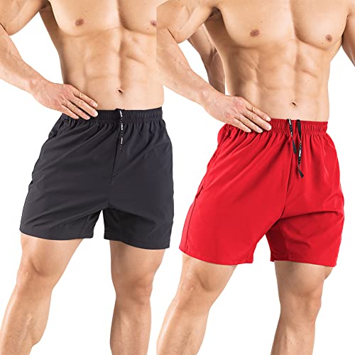 Gaglg Men's 5" Running Shorts 2 Pack Quick Dry Athletic Workout Gym Shorts With Zipper Pockets Black/Red,Large #TOP1