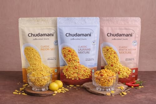 Image of Chudamani Kettlecooked Snacks Combo Pack-3 (250gm) Classic Lajawab Mixture, Khatta Meetha, Indori Sev, Spicy and Meethi, Famous Indori Cooked Snacks Namkeen