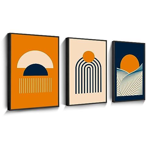 SERIMINO Framed Boho Wall Art for Living Room Japanese Wall Decor Navy Blue Orange Terracotta Mid Century Modern Abstract Shapes Gallery Artwork for Bedroom Bathroom Kitchen Paintings