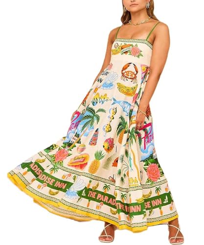 GRMLRPT Sommerkleid Damen Lang Maxikleid Sommer A-line Retro Kleid Elegant Spaghettiträger Freizeitkleid Casual Strandkleider(Gelb,L)
