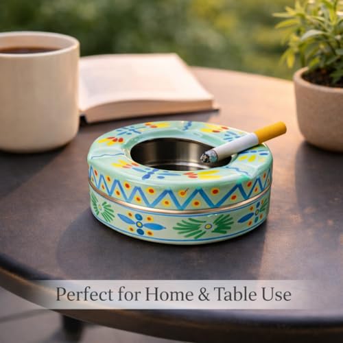 Image of iHandikart Handpainted Ash Tray 4x2 Inch | Metal Ashtray for Home, Table & Car Use | Multicolour Decorative Ashtray | Handmade Smoking Accessories for Indoor & Outdoor Use(Sky Blue)