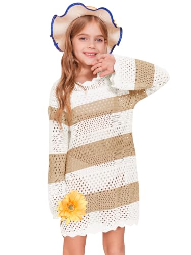 Image of Batermoon Girls Crochet Long Sleeve Swimsuit Cover Up Kids Fashion Hollow Out Swimwear Beach Dress 5-14 Years