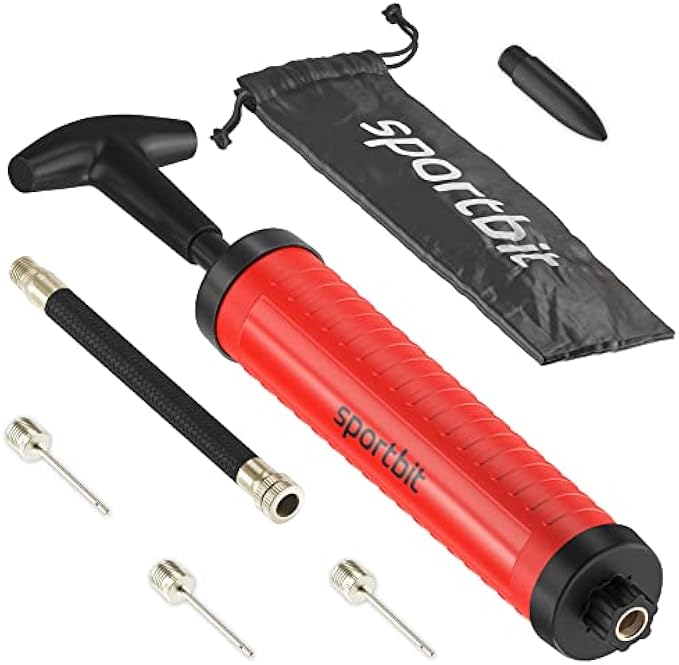 SPORTBIT Ball Pump with 3 Needles, Nozzle, Extension Hose, Pouch - Great Air Pump for Exercise Sport Balls - Basketball Pump, Volleyball, Football & Soccer Ball Air Pump, Swim Inflatables