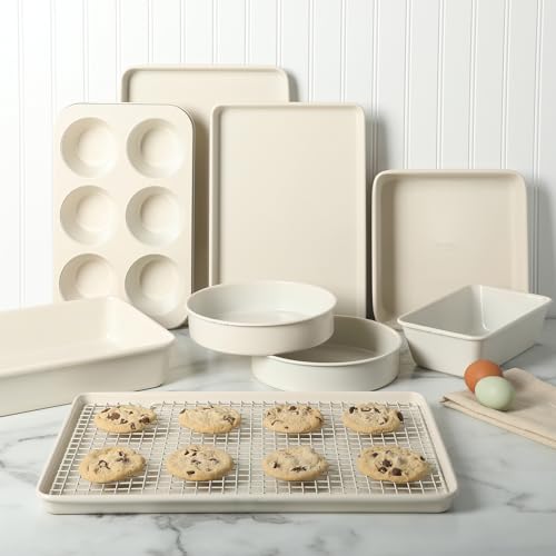 Martha Stewart Gallen 10 Piece Baking Pans Ceramic PFA Free Non Toxic Non Stick Bakeware Set - Linen White