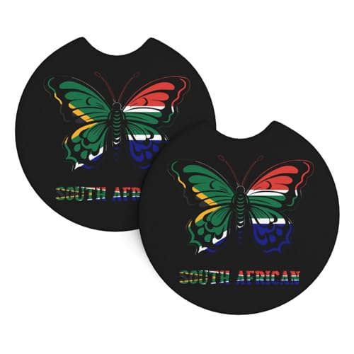 Butterfly South African South Africa Flag Ceramic Stone Coasters - Non-Slip Vintage Humorous Car Design, 2-Pack Unisex Coasters for Coffee, Parties, Home Decor