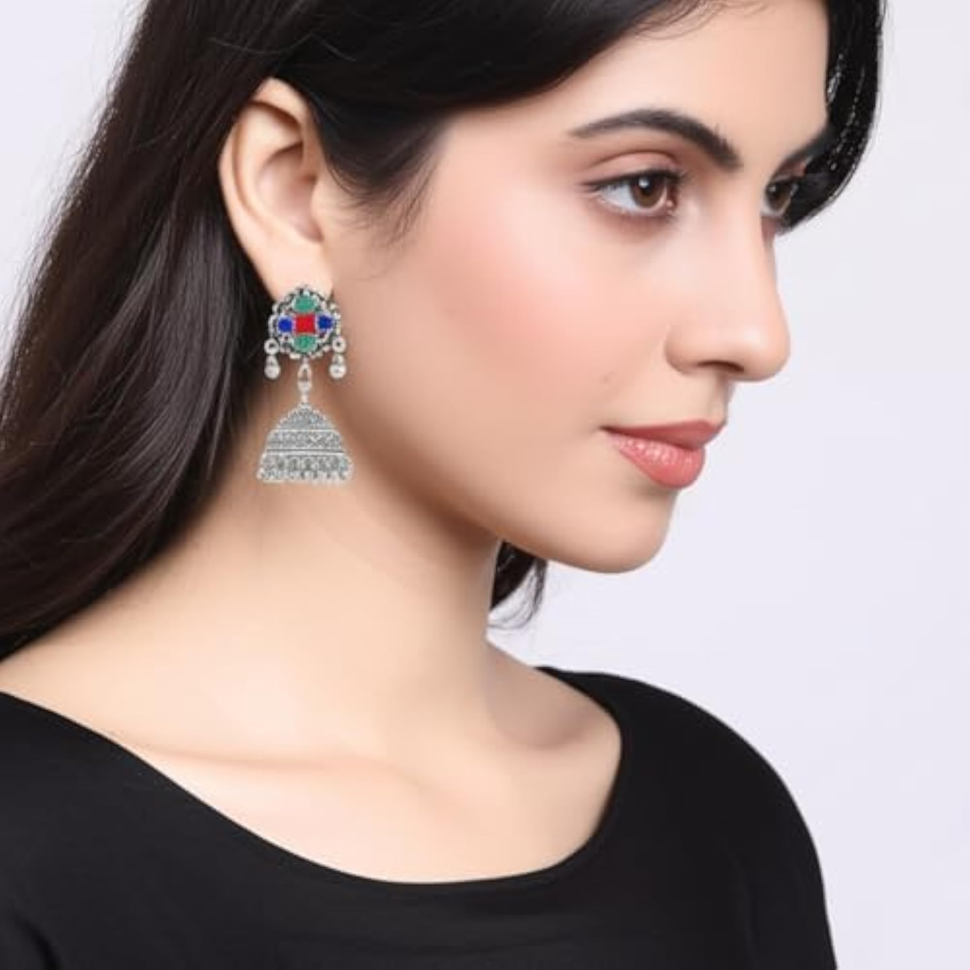 Traditional Oxidised Silver Jhumka Earrings with Enamel