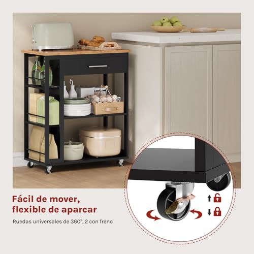 WOLTU Carrito Cocina de 3 Estantes y 1 Cajon Grande, Carro Camarera con Ruedas, Estanteria de Almacenamiento Estilo Moderno, para Cocina, Salón y Comedor, 73x38x88 cm, Color Bambú + Negro, RW051sz - imagen 6