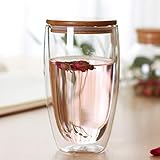 Double-walled Borosilicate Glass Mug for Infusing Coffee, Milk, Tea (15 Oz Bamboo lid)