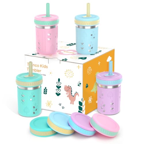 Tronco 4 Pack 15oz 2-in-1 Stainless Steel Kids Tumbler Cups with Silicone Sleeves, Spill-Resistant Flexible Straws & Storage Lids, BPA-Free Smoothie and Snack Cups, Dishwasher Safe