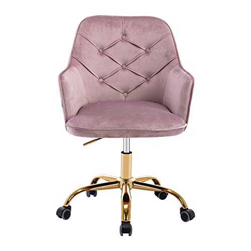 Home Office Chair, Henf Velvet Desk Chair with Metal Base, Modern Adjustable Swivel Chair for Living Room Study Office (Golden, Pink)