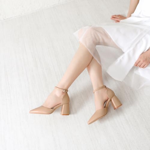 Image of RIBONGZ Block Heels for Women Closed Pointed Toe Heeled Slingback Chunky High Heel Ankle Strap Pumps Patent Leather Comfort Dressy Shoes for Work Party Prom Wedding Bridal Dress