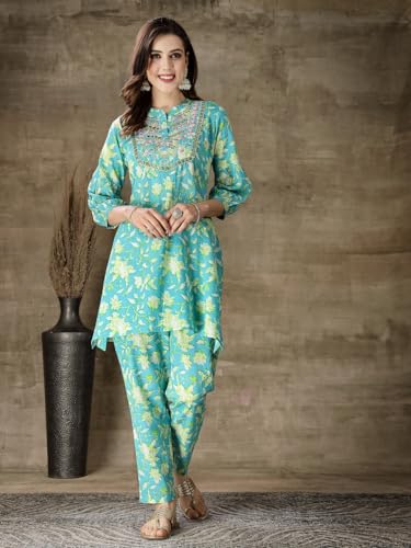 Image of Stylum Women's Printed & Embroidered Cotton Short A-Line Kurti Pant Set