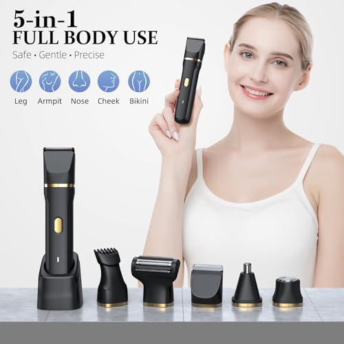 5-in-1 Bikini Trimmer for Women, IPX7 Waterproof Electric Razors Shaver, Cordless Body Hair Trimmer, Facial & Pubic Hair Removal, Ceramic Blade (Black)