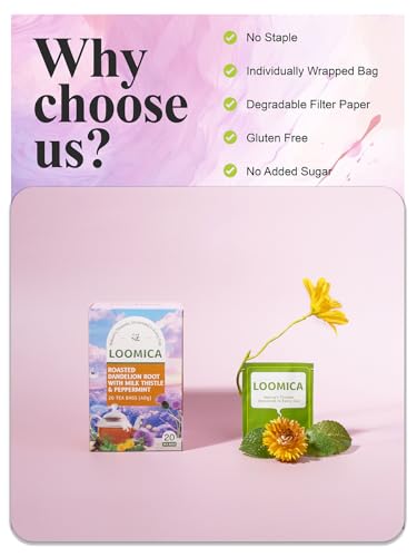 Image of LOOMICA Roasted Dandelion Root with Milk Thistle & Peppermint, Caffeine Free, with Toasted Nutty Flavor, Wellness Support Herbal Blend, Coffee Alternative, Bold & Smooth, 20 Count