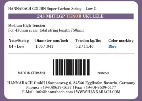 Hannabach Ukulele-Saiten - Tenor Ukulele Super-Carbon Goldin - Einzelsaite Low G - Medium High Tension - Scale 43'' - .041-2434MHTLGP