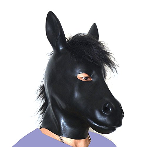 EXLATEX Latex Hood Horse Animal Mask Fetish Accessories with Back Zipper (One size, Black)