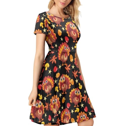 Image of Forchrinse Women's Thanksgiving Dress for Women Turkey Print Short Sleeve Crew Neck Dress Fall Midi Dress Casual Sundress Holiday Party Clothing