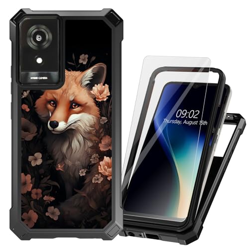 DHYYDSQZ for TCL K24 Phone Case for TCL K24 T434D T434W /K23 with Tempered Glass Screen Protector Heavy Duty Dual Layer Hybrid TPU Bumper Cute Foxs Shockproof Protective Cover for TCL K24 2024