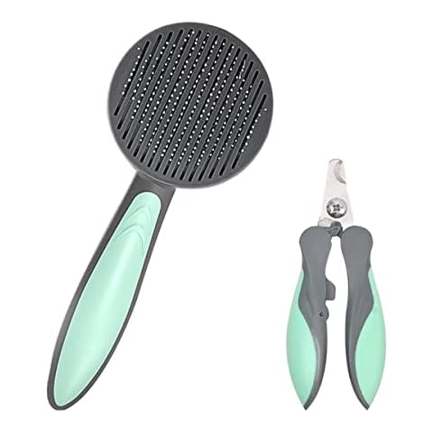 Self-Cleaning Pets Hair Brush, PAIN-FREE & Gently Removes Loose Undercoat & Tangled Hair For Cats & Dogs with All Hair Types + FREE Pet Nail Clippers (Green+Gray) Cover