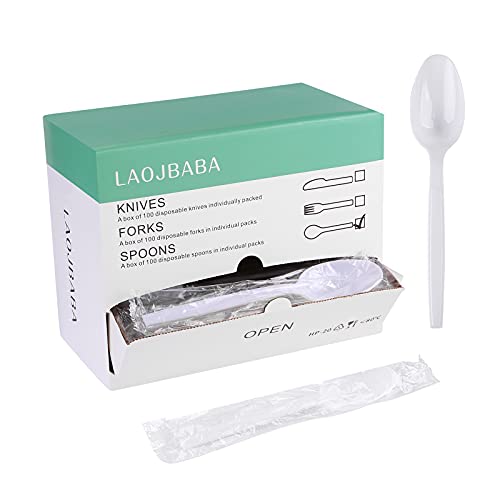 Disposable Individually Packaged Spoons White 7-Inch,Commercial Take Away Spoons,A Box of 100 Super Hard Mass Individually Wrapped Spoons