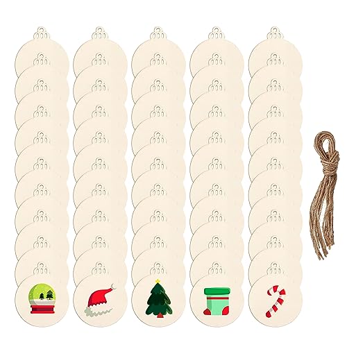 DARENYI 50 Pcs Christmas Baubles for Crafting Wood Slice Natural Ornaments Blank Wood Shapes Embellishments with String for Xmas Tree Decoration