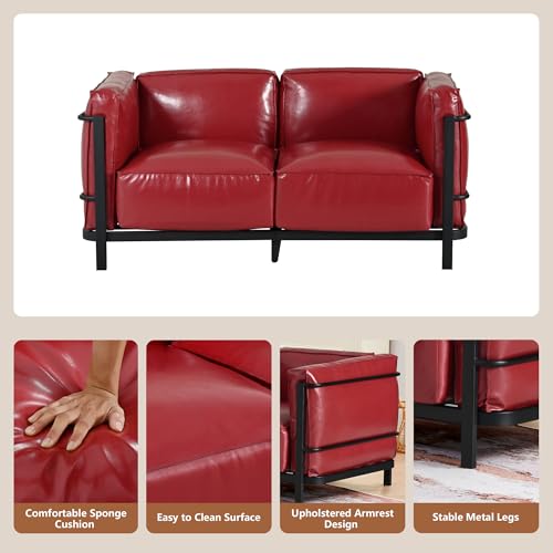 Image of QHITTY Loveseat Sofa, Mid-Century Modern Upholstered Couch Chair Faux Leather Sofa Couch with Iron Frame and Upholstered Armrest Backrest Cushion for Living Room, Office, Apartment (Burgundy)