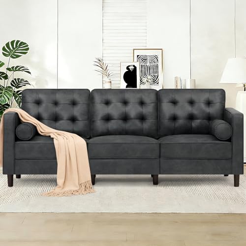 Image of 84 Inches Suede Leather Couch with Bolster Pillows, Grey | Comfy 3 Seater Sofa with Tufted Back Cushions, Modern Couch with Sturdy Legs for Living Room, Office, Bedroom