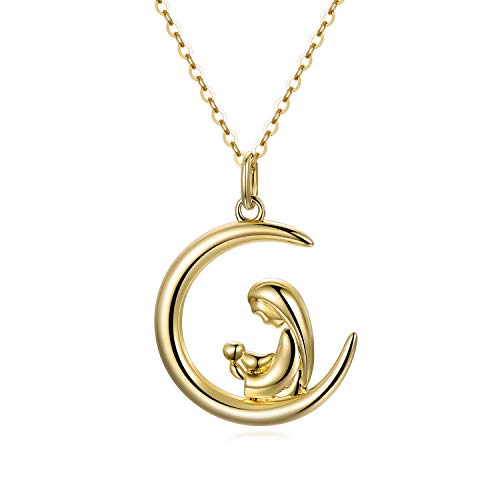 14K Gold Moon Necklace for Women, Dainty Mother and Child Love up to Crescent Moon Necklace Birthday Anniversary Jewelry Gift for Mom, Wife, Daughter 16 + 2 