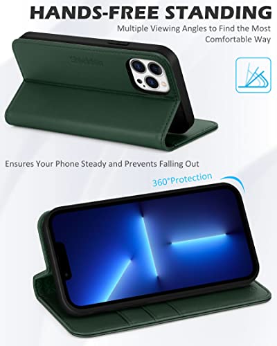 Shieldon Case For Iphone 13 Pro 6.1", Genuine Leather Iphone 13 Pro Flip Wallet Rfid Blocking Card Slots Magnetic Kickstand Shockproof Protective Case Compatible With Iphone 13 Pro - Midnight Green #TOP4