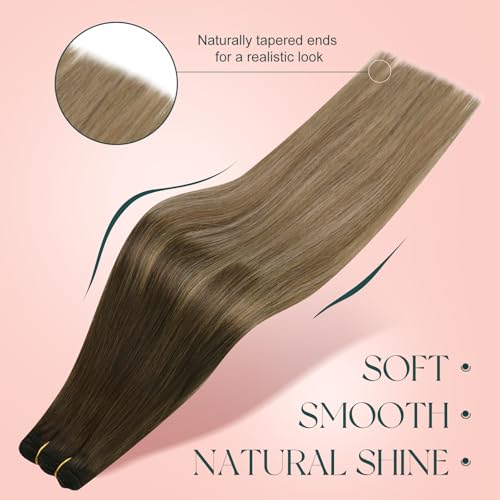Image of Easyouth Hair Extensions Sew in Ombre 20 Inch Sew in Extensions Real Human Hair Dark Brown Ombre To Chestnut Brown Mix Ash Blonde Straight Hair Extension Weft for Thinning Hair 100G