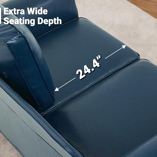 Image of Kingfun Loveseat 2 Seater Couch, Mid Century Modern Faux Leather Sofa with Rolled Arms and Deep Seats, Fluffy Comfort for Living Room, Apartment, Easy Assembly, Blue